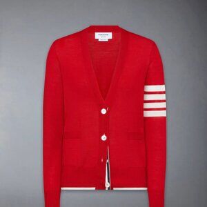 Thom Browne MERINO WOOL 4-BAR RELAXED FIT V-NECK CARDIGAN